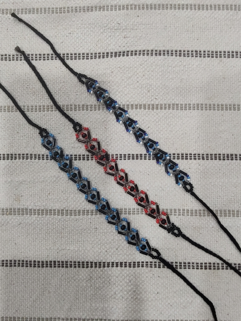 Handmade Beaded Bracelets - Black Cord with Blue and Red Beads - Set Of 3